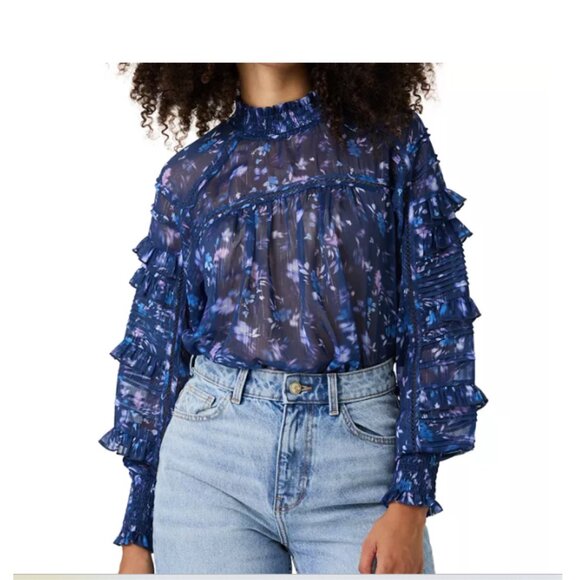 French Connection Anifrida Arica Blue Floral Ruffle Metallic Blouse NWT Small - Picture 1 of 8
